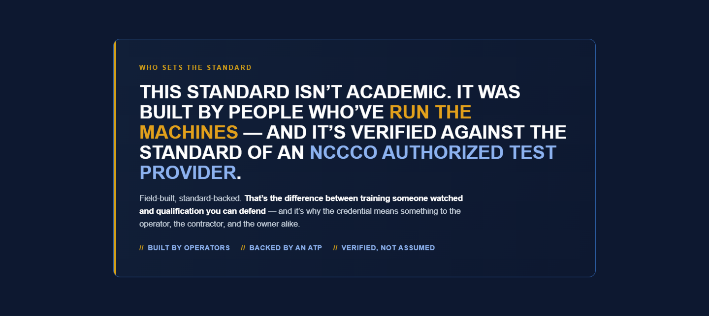 CraneQualified credibility statement about field-built standards and NCCCO authorized test provider verification